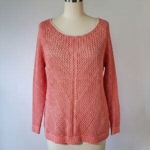 JohnPaulRichard Size L Sweater Crochet Pink Coral Loose Knit Chevron Long Sleeve